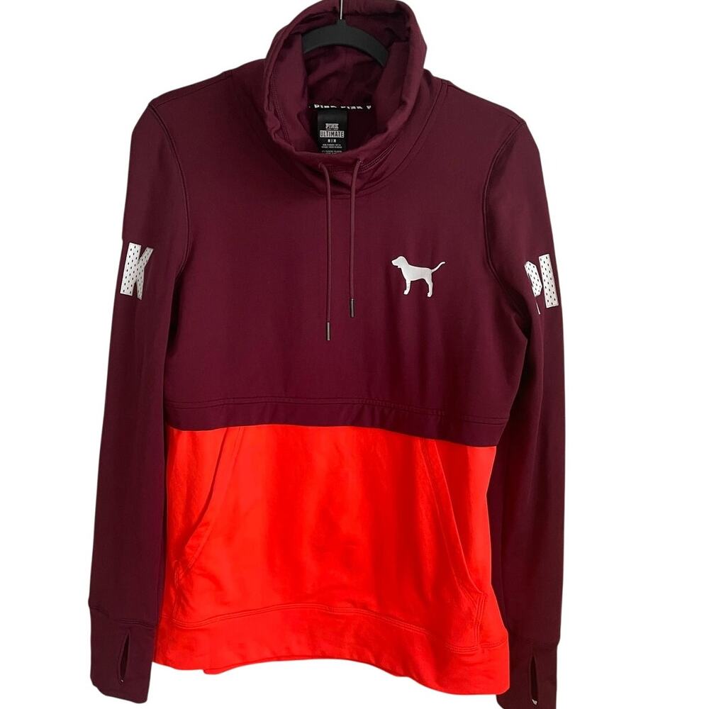 Victoria’s Secret PINK Funnel Neck Sweatshirt Sz M Maroon Neon Orange Colorblock